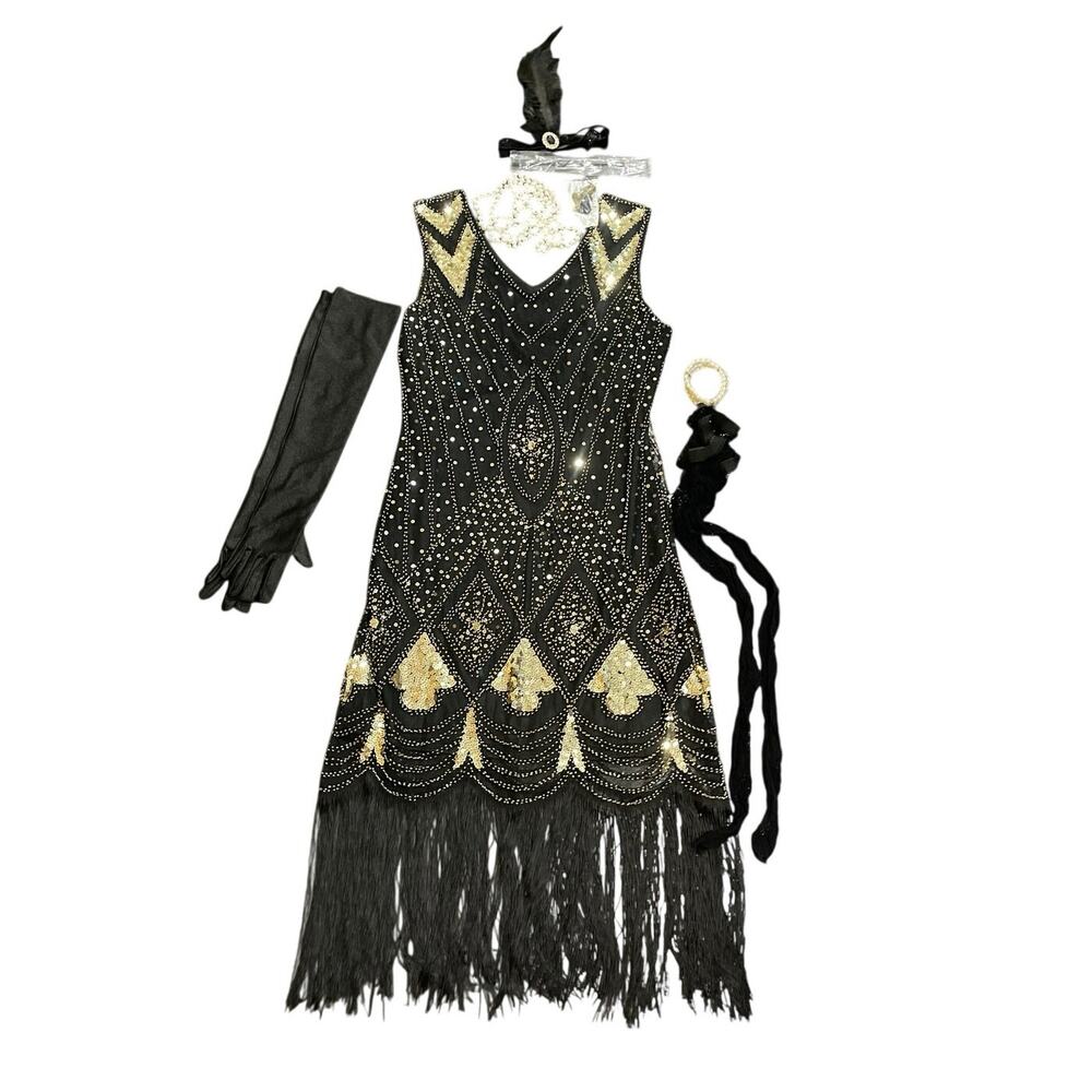 Roaring 1920s Flapper Dress Halloween Costume Gold Sequin Fringe Dress M Gaptsy
